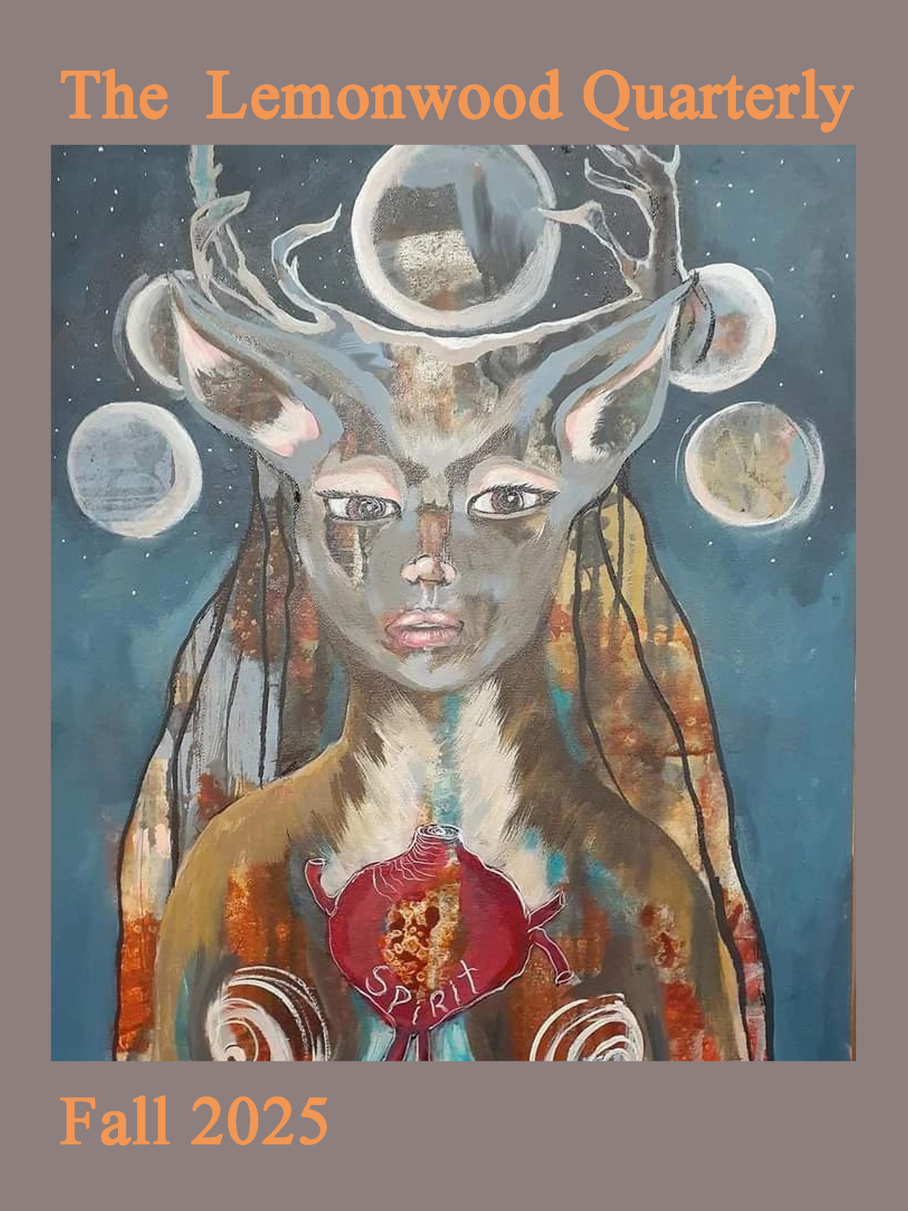 Cover of The Lemonwood Quarterly featuring an abstract painting of a figure with antlers and celestial elements, titled 'Fall 2025'.