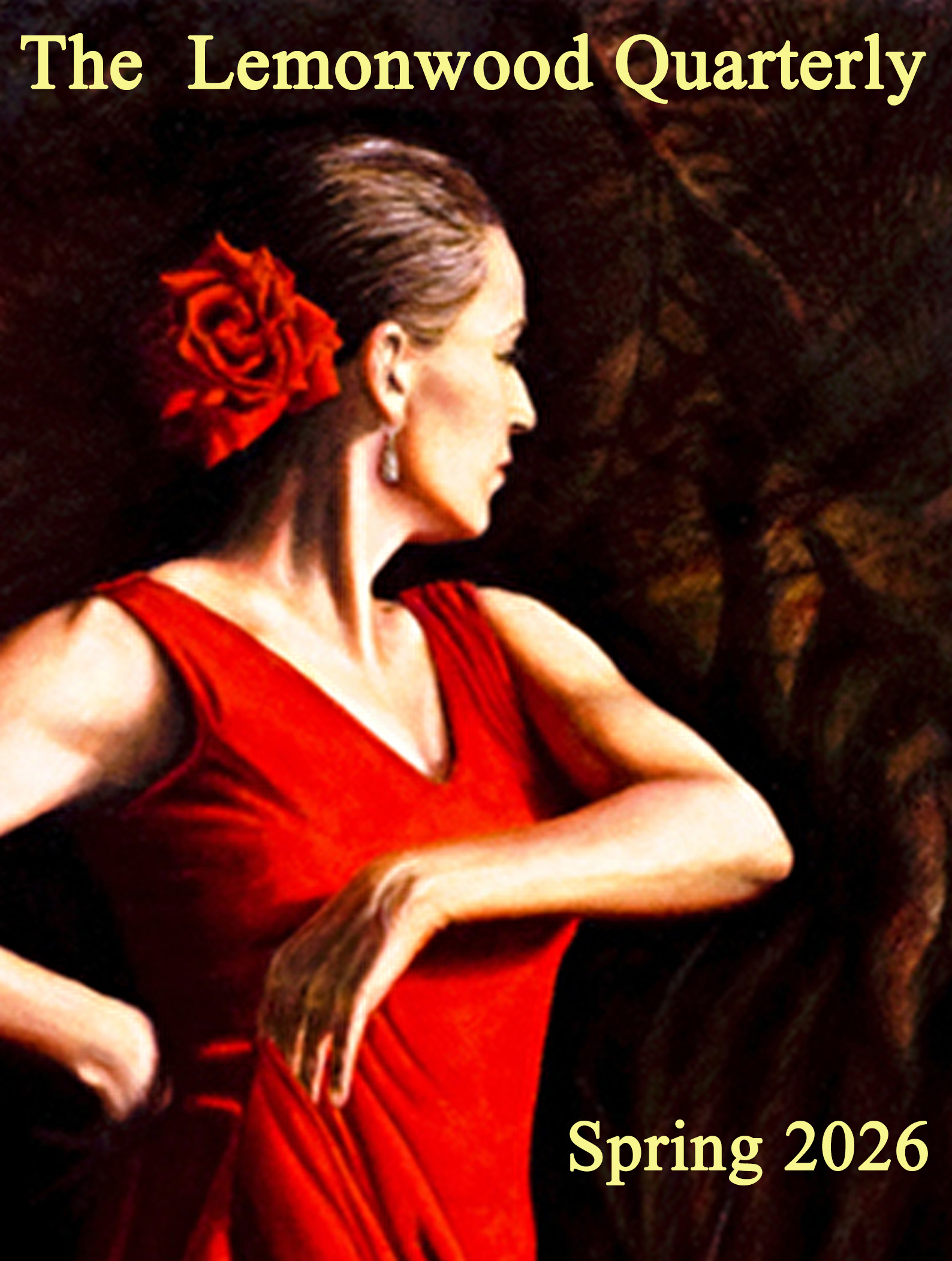 Cover of The Lemonwood Quarterly featuring a woman in a red dress with a rose in her hair, styled against a dark background. The text indicates 'Spring 2026.'